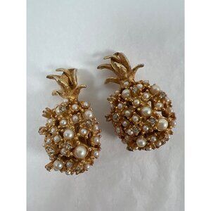 Jewelry VTG 60s ALICE CAVINESS Pineapple Earrings GoldTone Faux Pearl Rhinestone